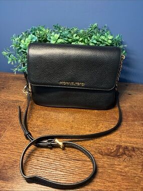 Michael Kors Black Leather Crossbody with Gold Chain Accent